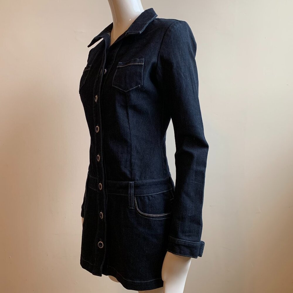 Frankie B denim button up long sleeve Mini skirt stretchy dress with pockets 6